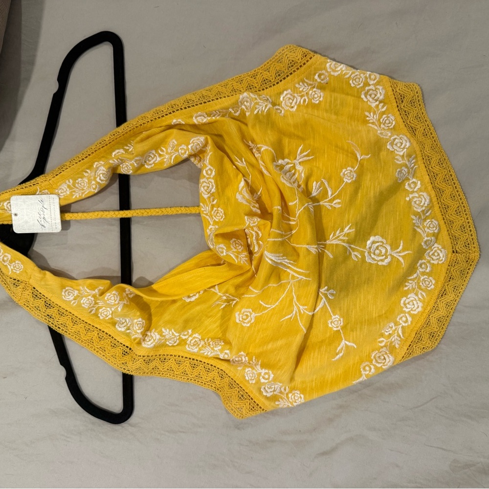 Free People Yellow Embroidered Halter Tank Top